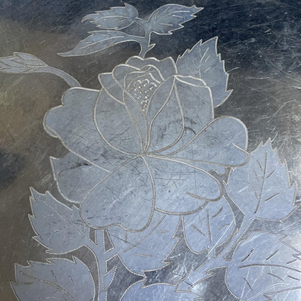 Vintage Floral Etched Aluminum Decorative Serving Tray 17"  Signed 1962‎